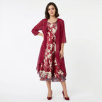 Ensemble de cardigan et robe midi en chiffon floral pour femmes