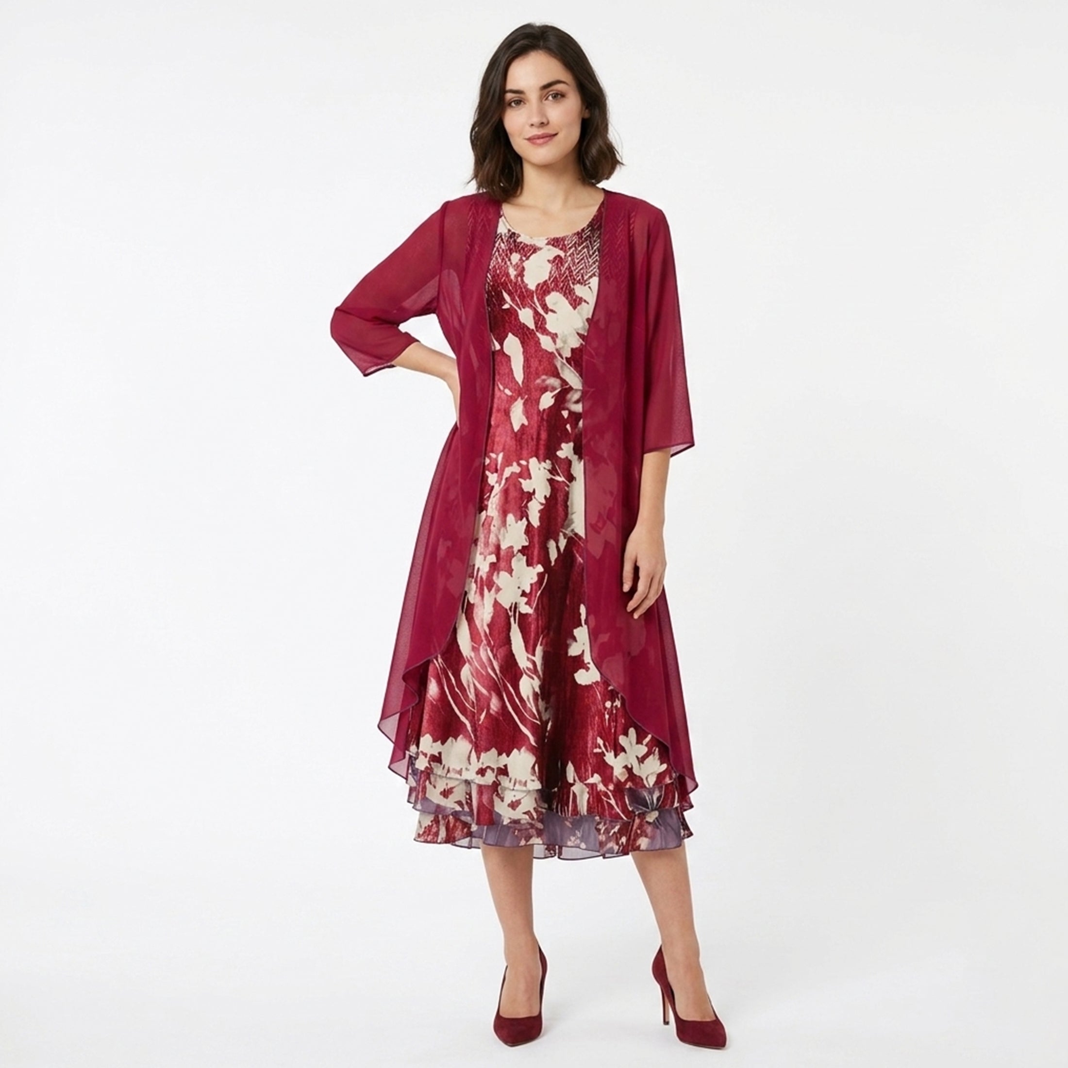 Ensemble de cardigan et robe midi en chiffon floral pour femmes