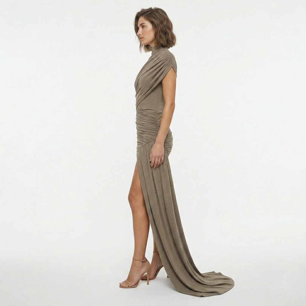 Robe Mini Femme Élégante à Col Montant Froncée