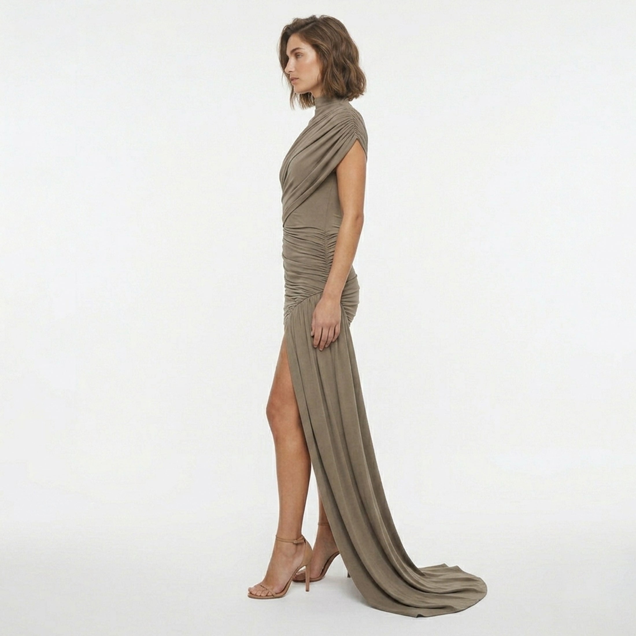 Robe Mini Femme Élégante à Col Montant Froncée