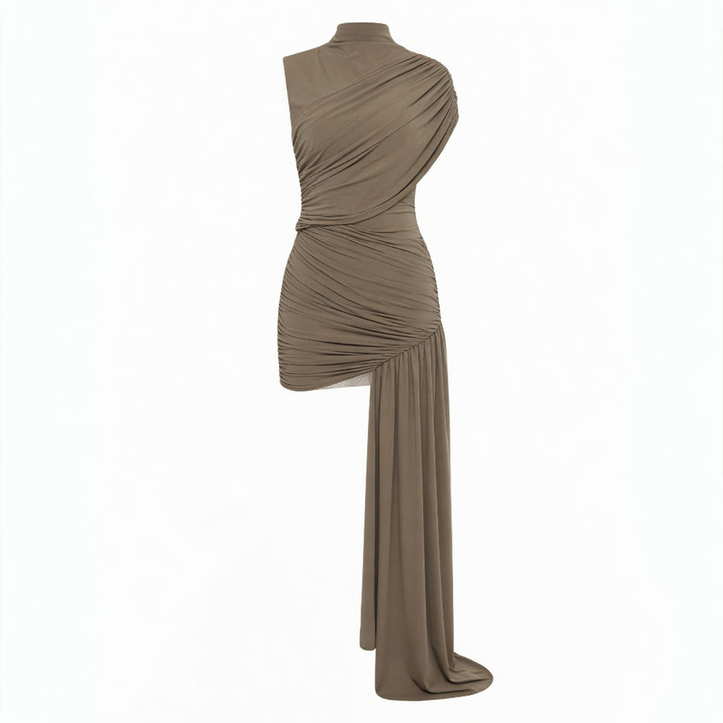 Robe Mini Femme Élégante à Col Montant Froncée