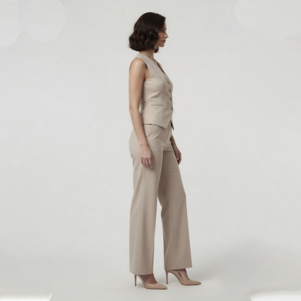 Ensemble de Pantalon Large à Taille Haute et Gilet à Col V Beige pour Femmes