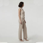 Ensemble de Pantalon Large à Taille Haute et Gilet à Col V Beige pour Femmes