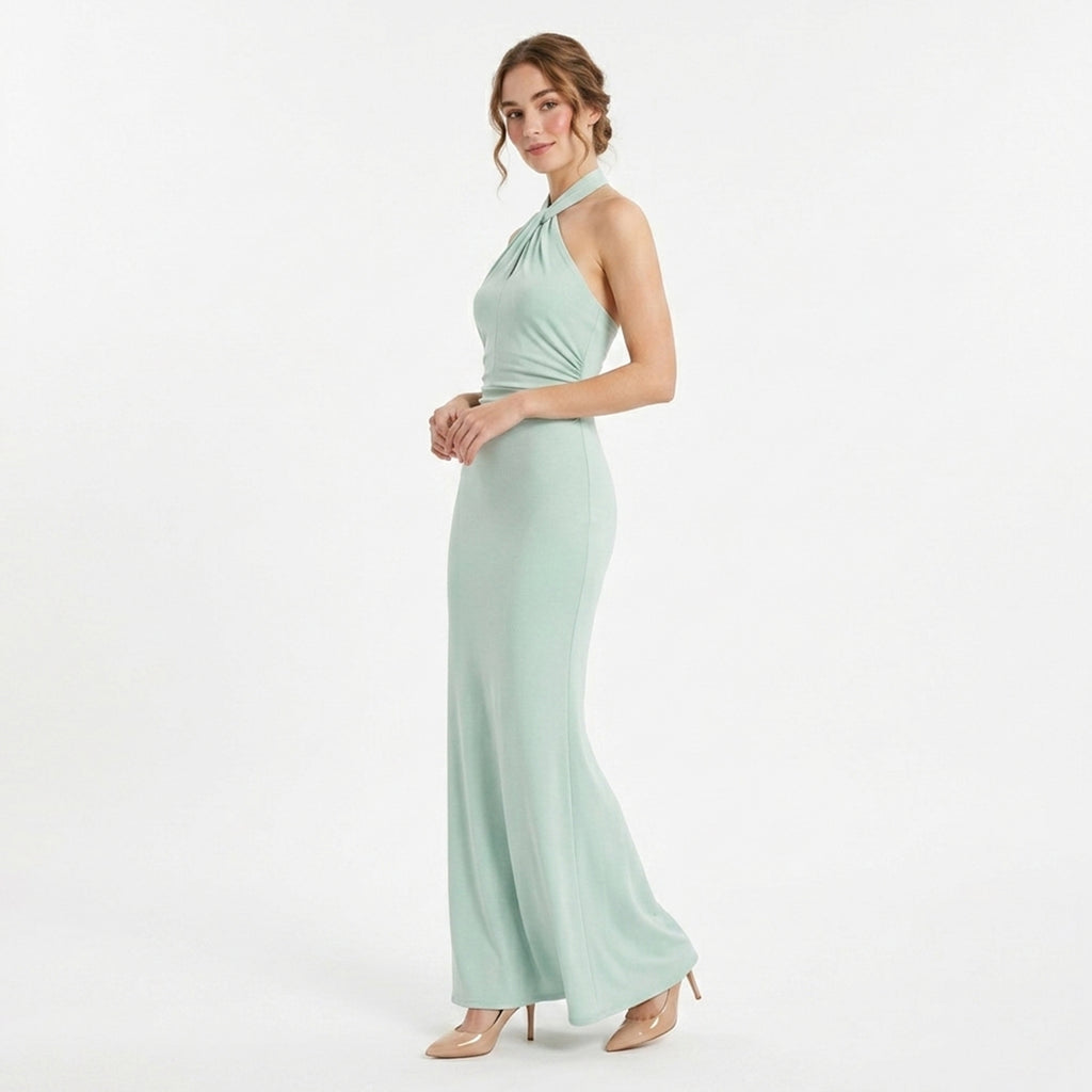 Elegant Halter Neck Ruched Maxi Dress Women's