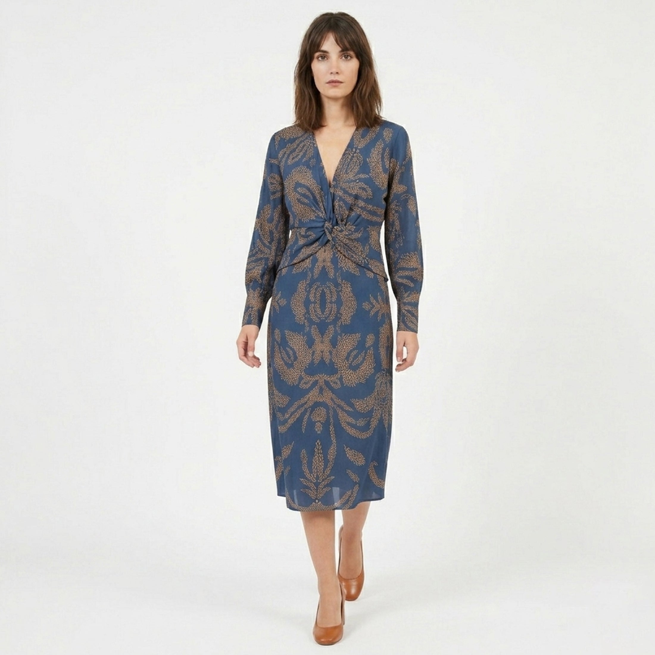 Robe midi imprimée à col en V pour femmes, été décontractée