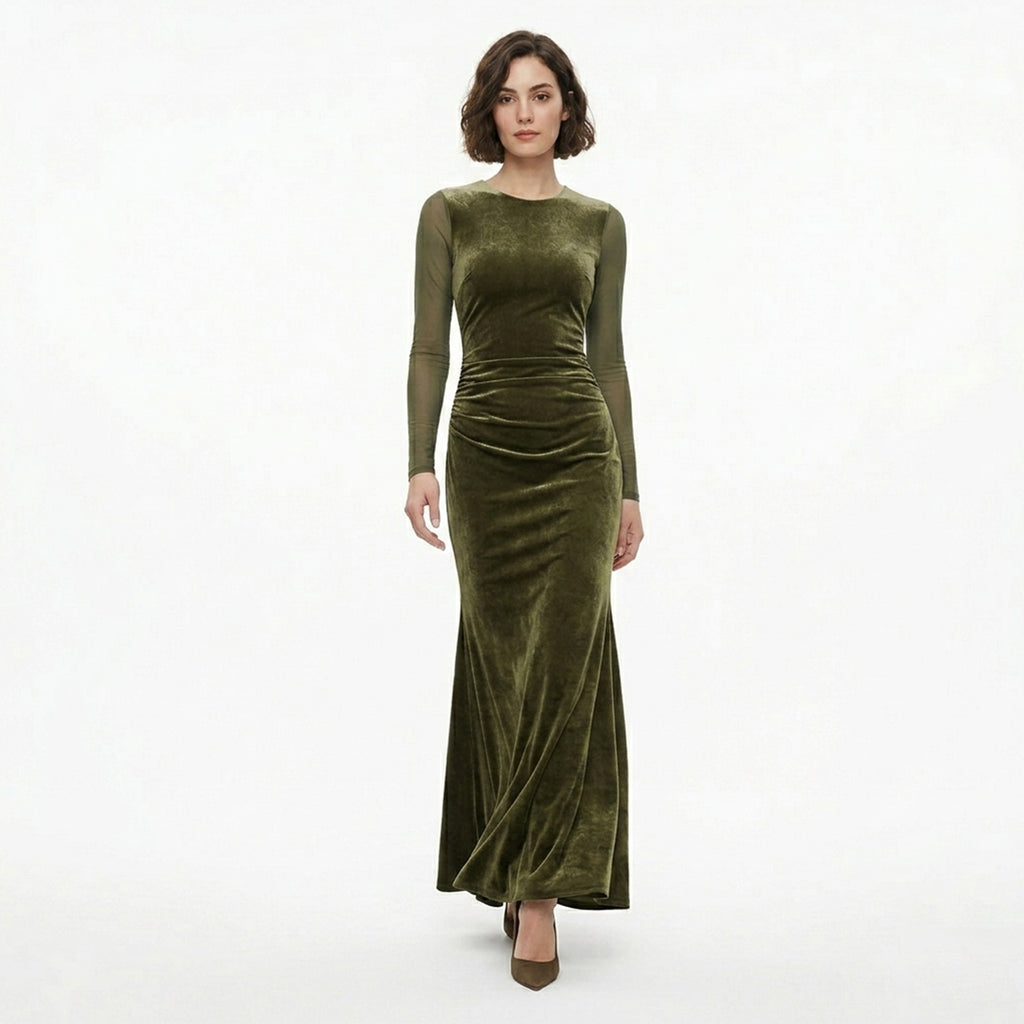 Robe Maxi en Velours Vert Ruché pour Femmes