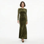 Robe Maxi en Velours Vert Ruché pour Femmes