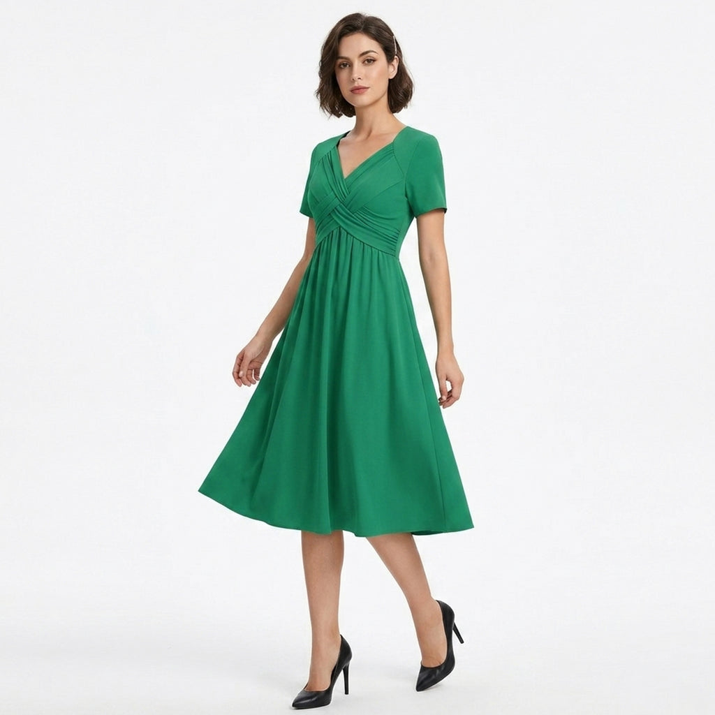 Robe midi à encolure en V froncée pour femmes - Décontractée d'été
