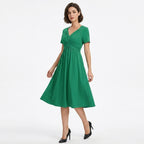 Robe midi à encolure en V froncée pour femmes - Décontractée d'été