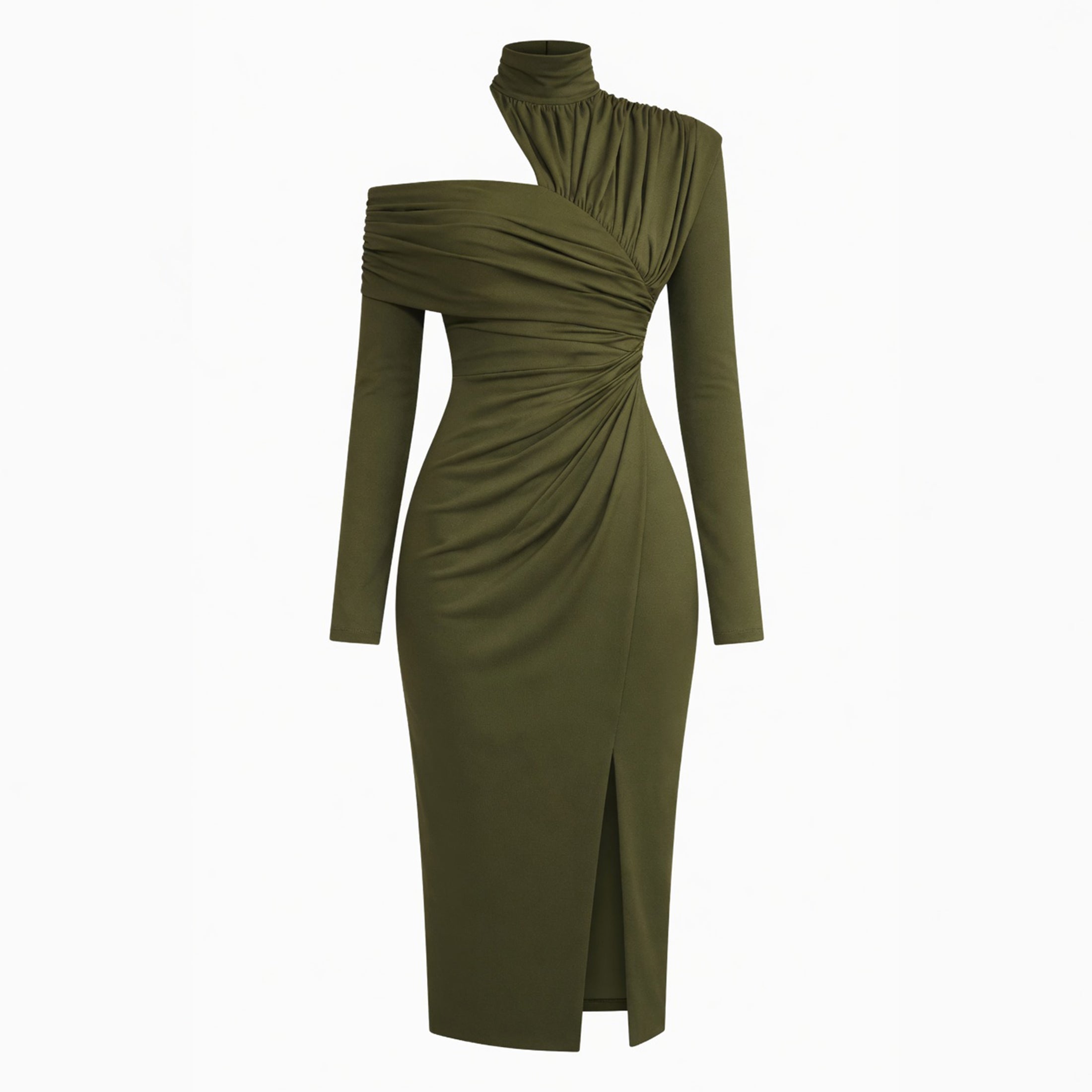 Veloire | Women's High Neck Pleated Asymmetrical Long Sleeve Dress