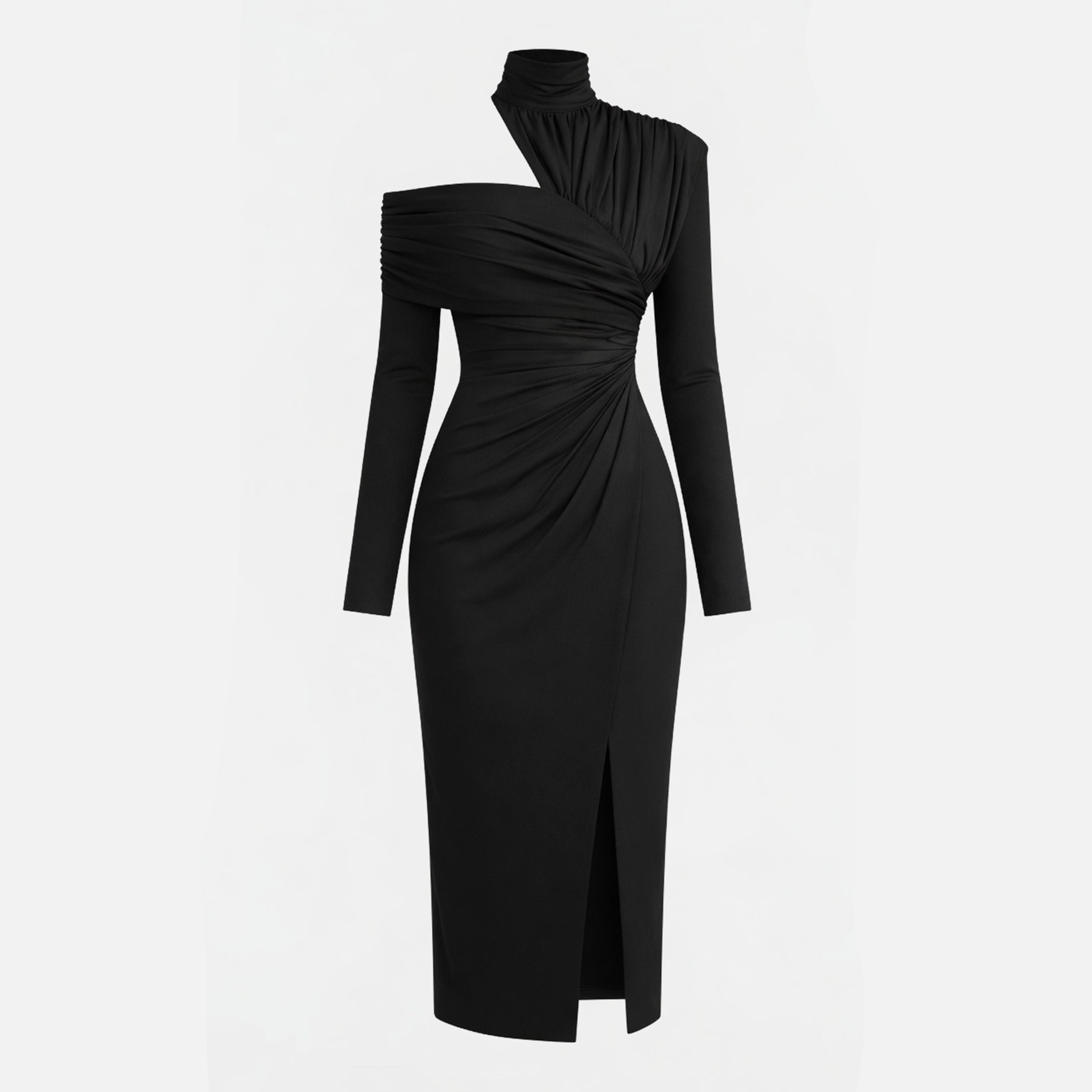 Veloire | Women's High Neck Pleated Asymmetrical Long Sleeve Dress