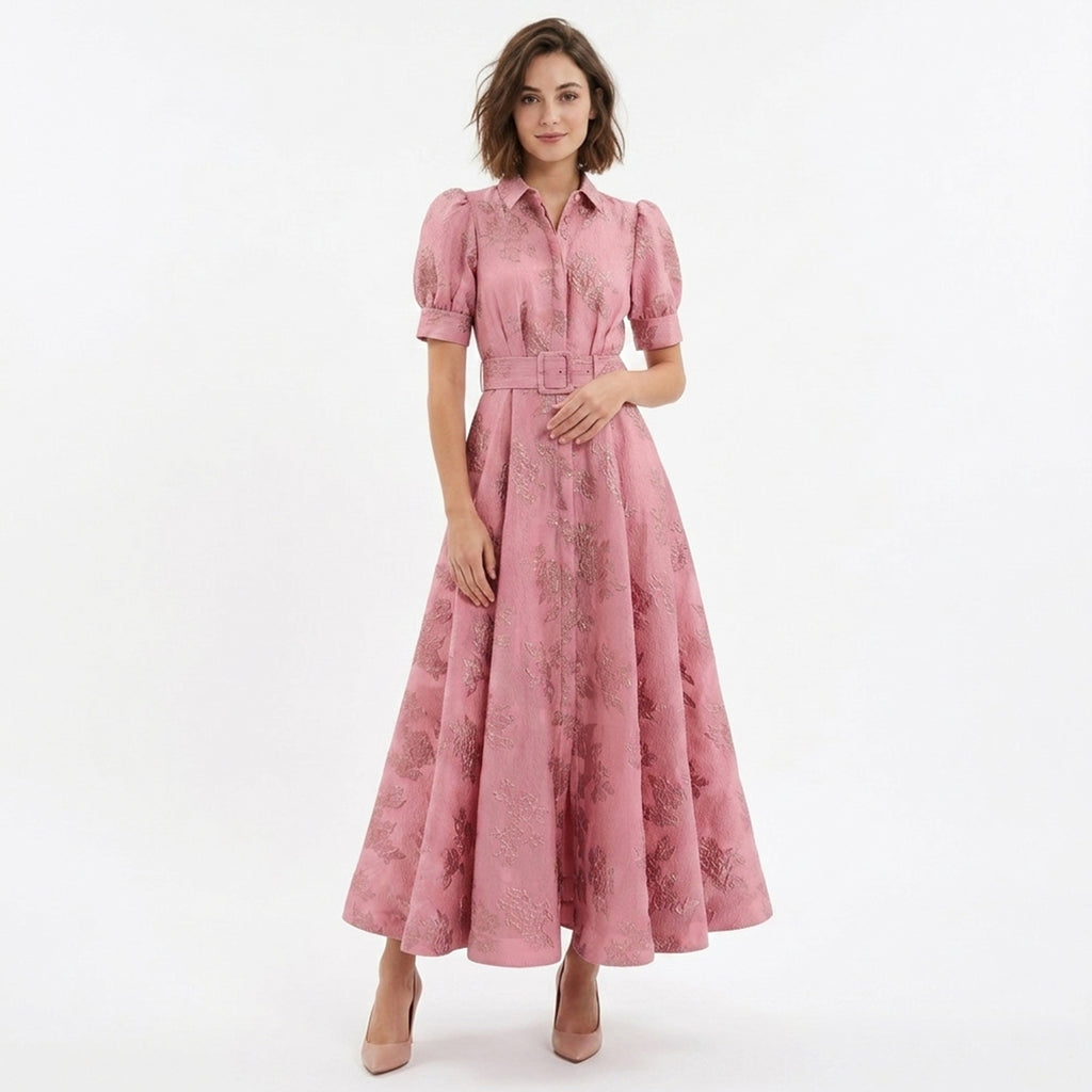 Robe Maxi Ceinturée Rose Invité de Mariage Femme