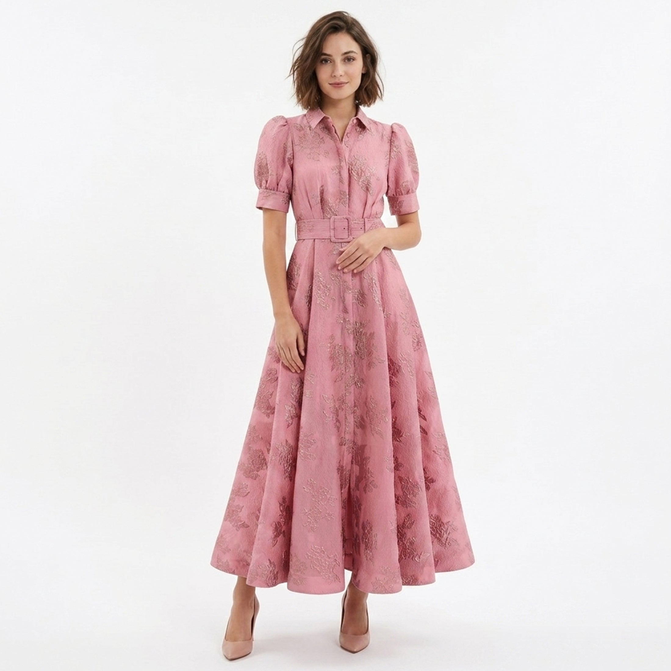 Robe Maxi Ceinturée Rose Invité de Mariage Femme