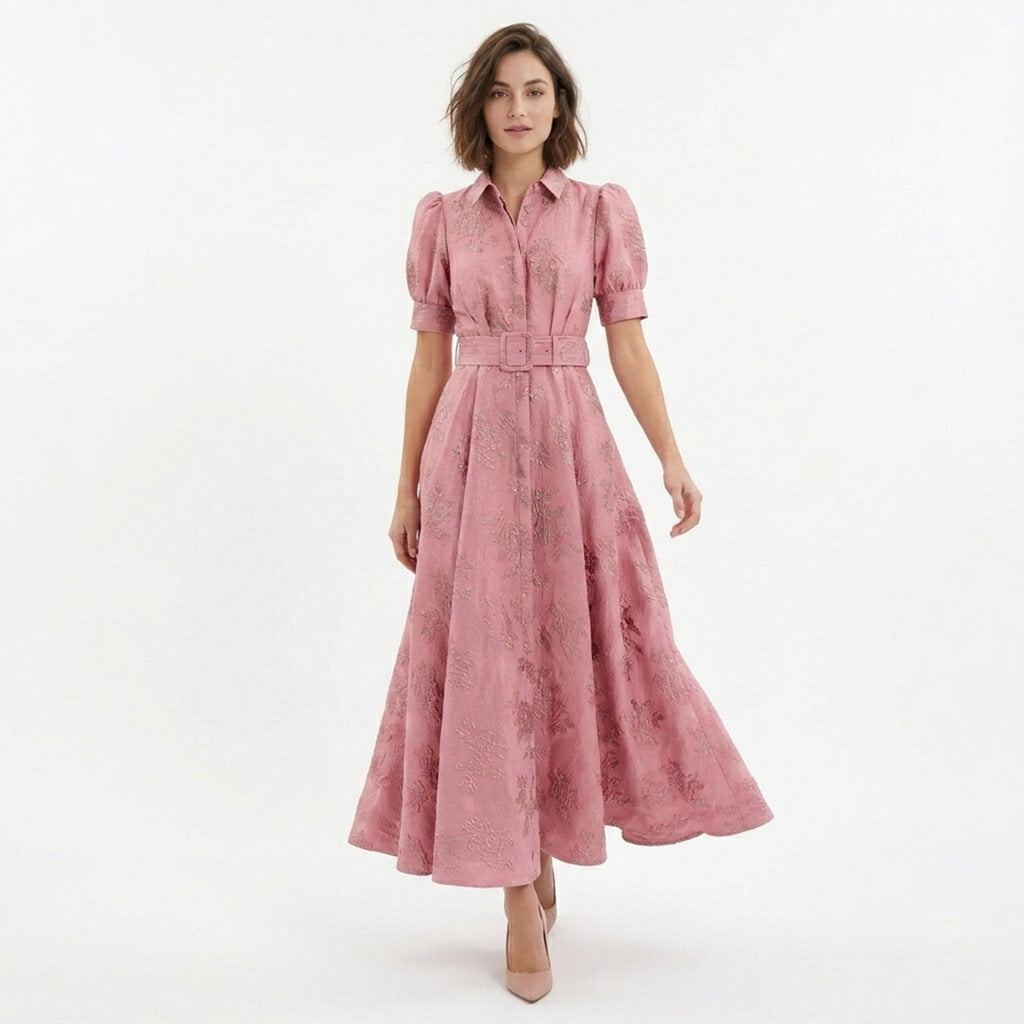 Robe Maxi Ceinturée Rose Invité de Mariage Femme
