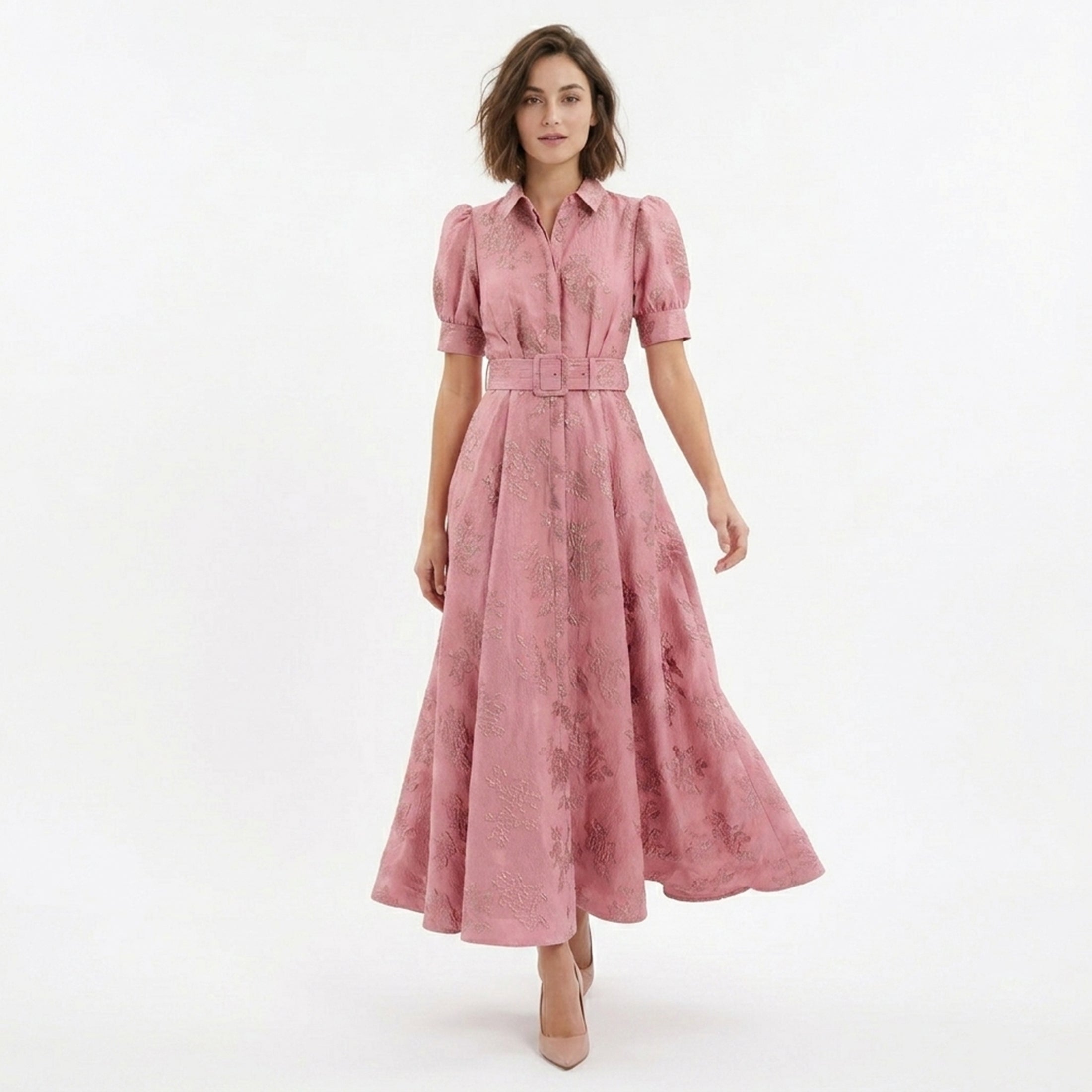 Robe Maxi Ceinturée Rose Invité de Mariage Femme