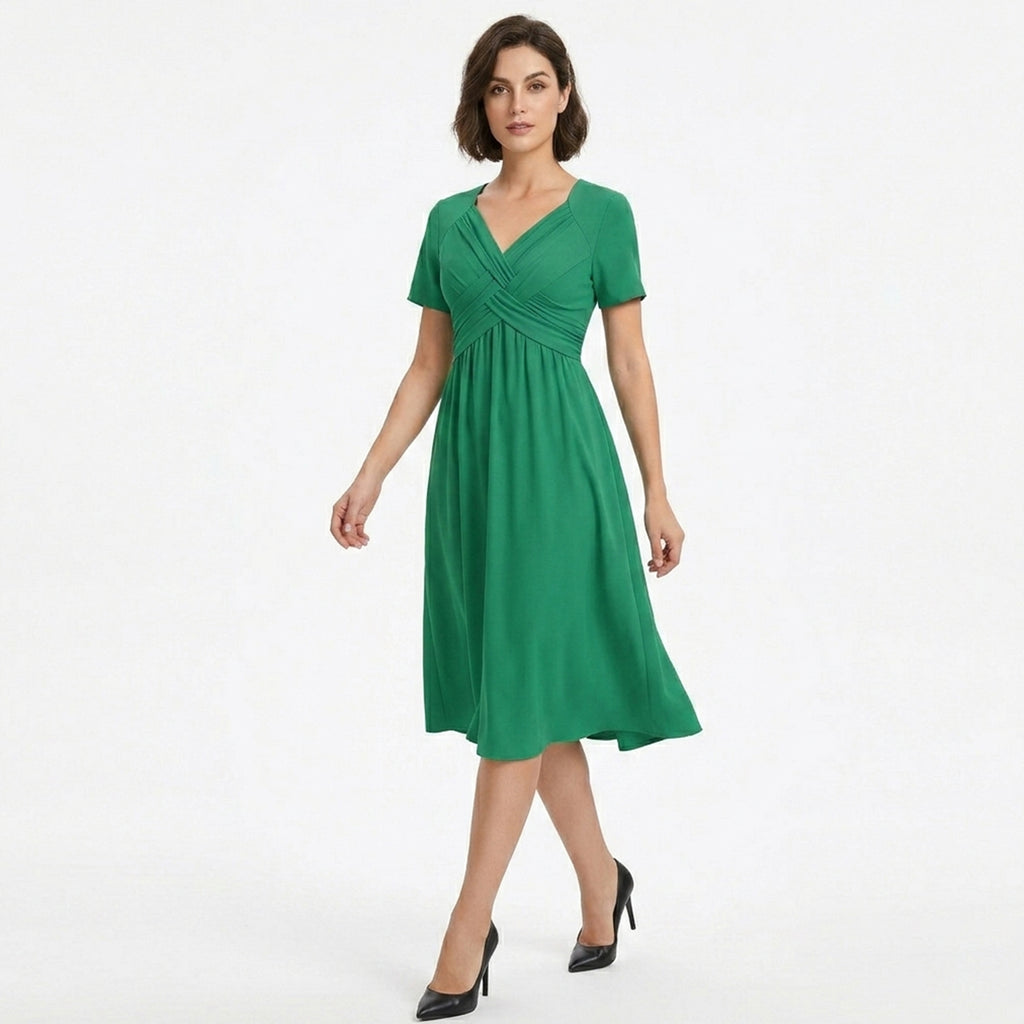 Robe midi à encolure en V froncée pour femmes - Décontractée d'été