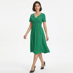 Robe midi à encolure en V froncée pour femmes - Décontractée d'été