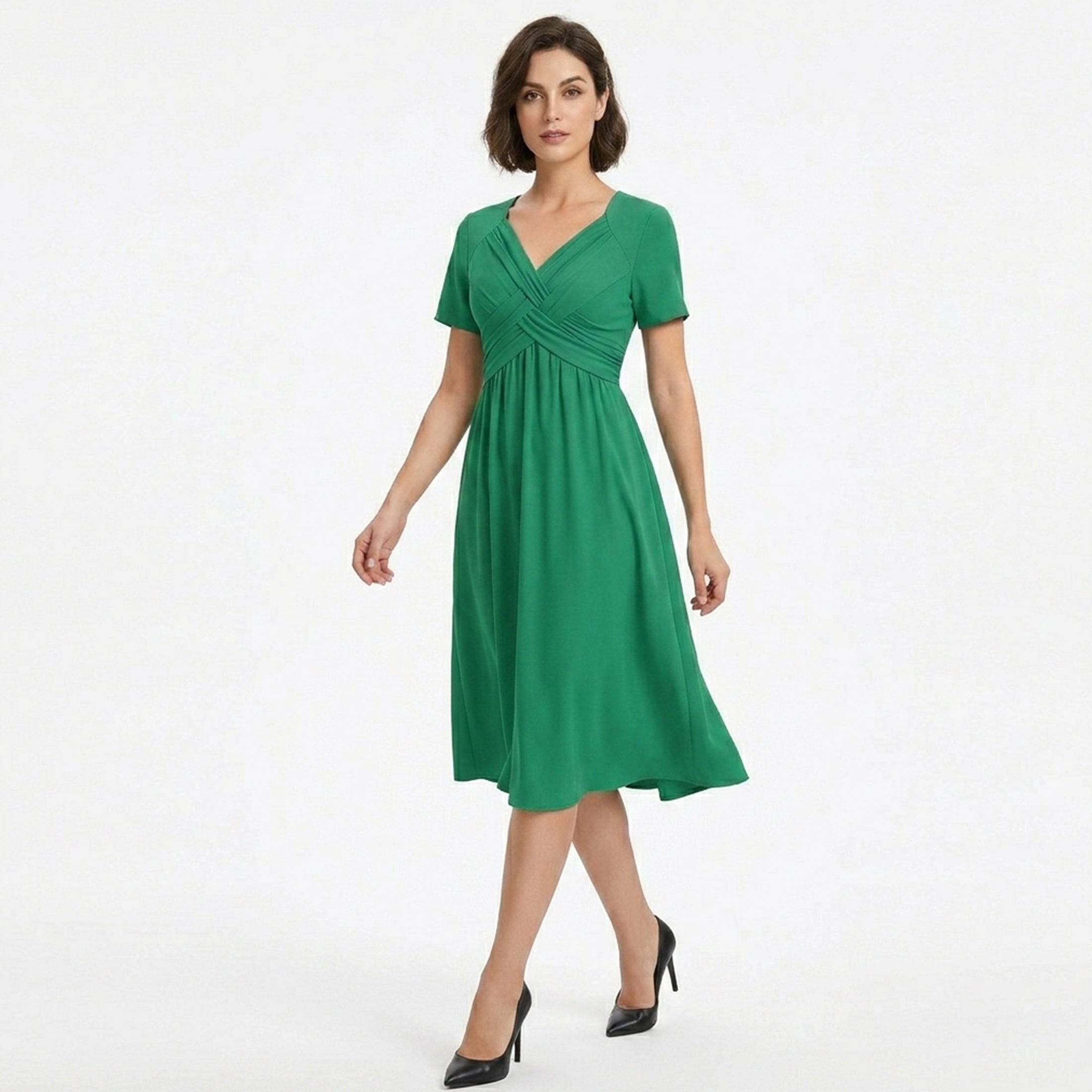Robe midi à encolure en V froncée pour femmes - Décontractée d'été
