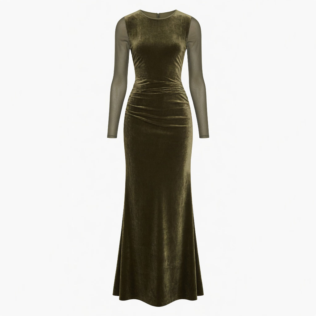 Robe Maxi en Velours Vert Ruché pour Femmes