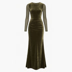 Robe Maxi en Velours Vert Ruché pour Femmes
