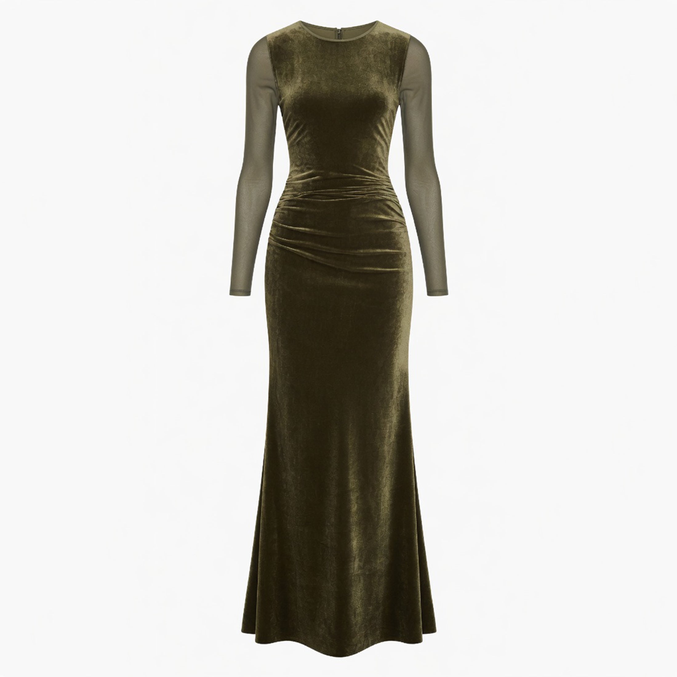Robe Maxi en Velours Vert Ruché pour Femmes