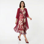 Ensemble de cardigan et robe midi en chiffon floral pour femmes