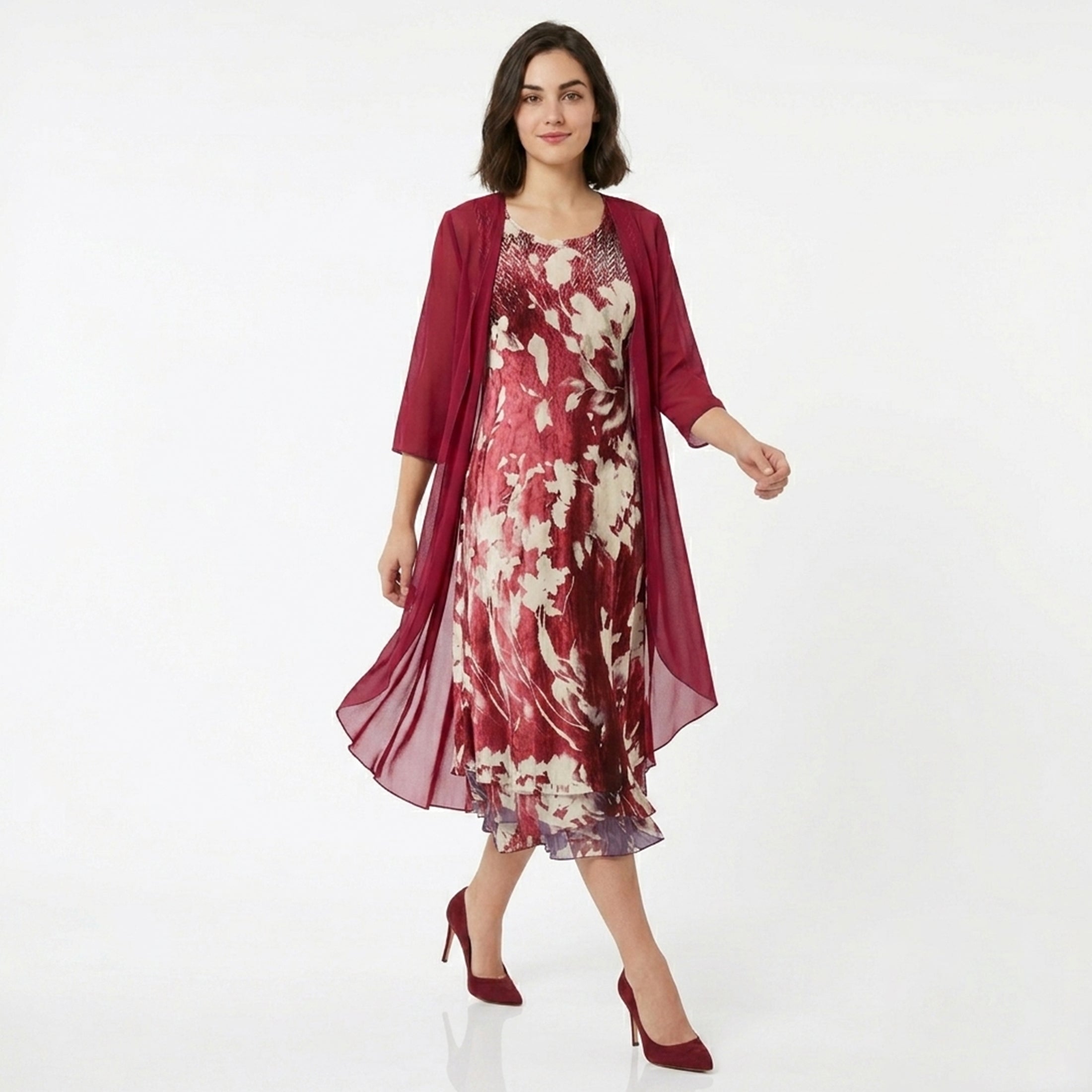 Ensemble de cardigan et robe midi en chiffon floral pour femmes