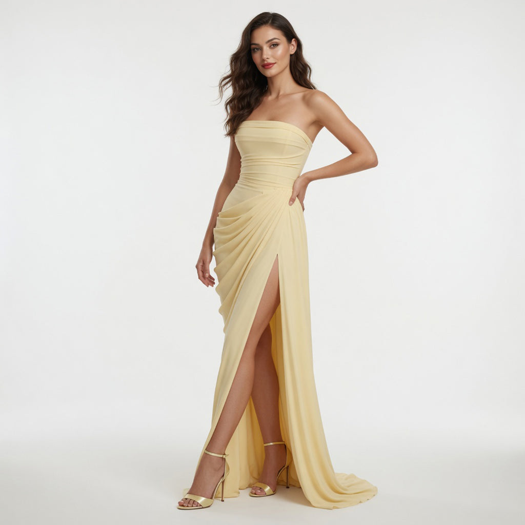 Yellow Ruched Maxi Dress Women's Wedding Guest