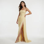 Yellow Ruched Maxi Dress Women's Wedding Guest