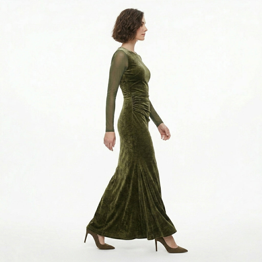 Robe Maxi en Velours Vert Ruché pour Femmes