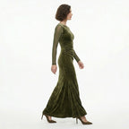 Robe Maxi en Velours Vert Ruché pour Femmes