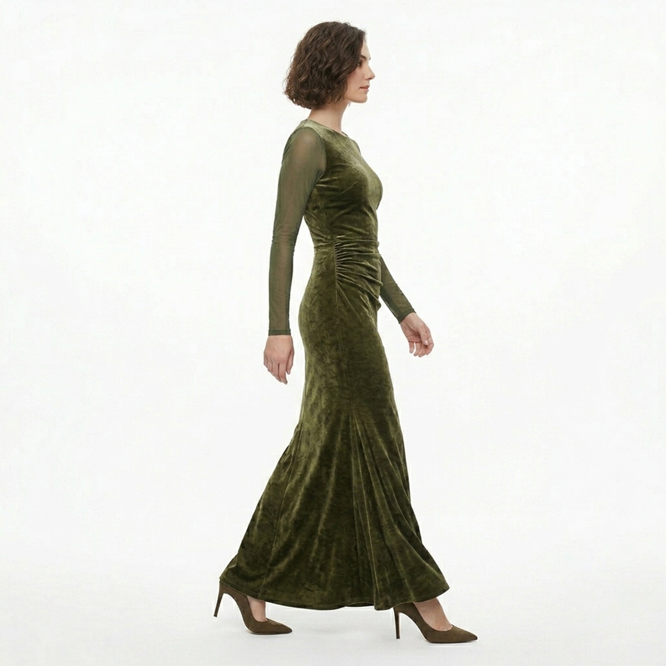 Robe Maxi en Velours Vert Ruché pour Femmes