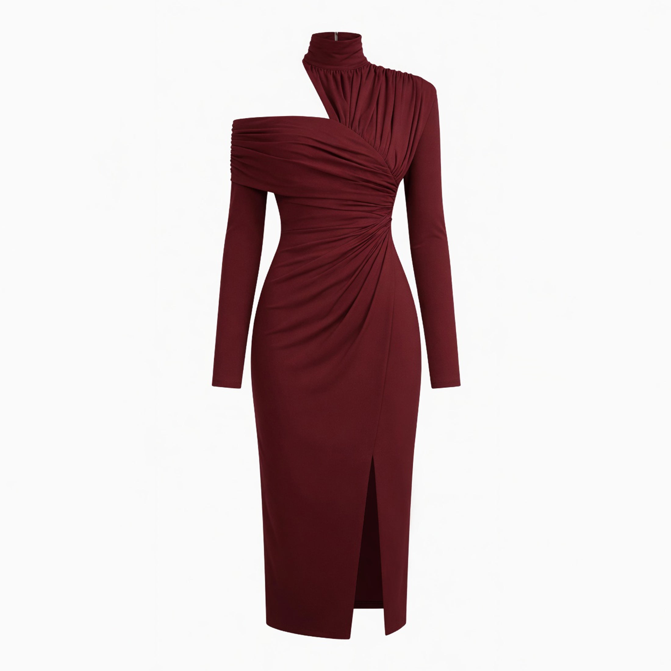 Veloire | Women's High Neck Pleated Asymmetrical Long Sleeve Dress