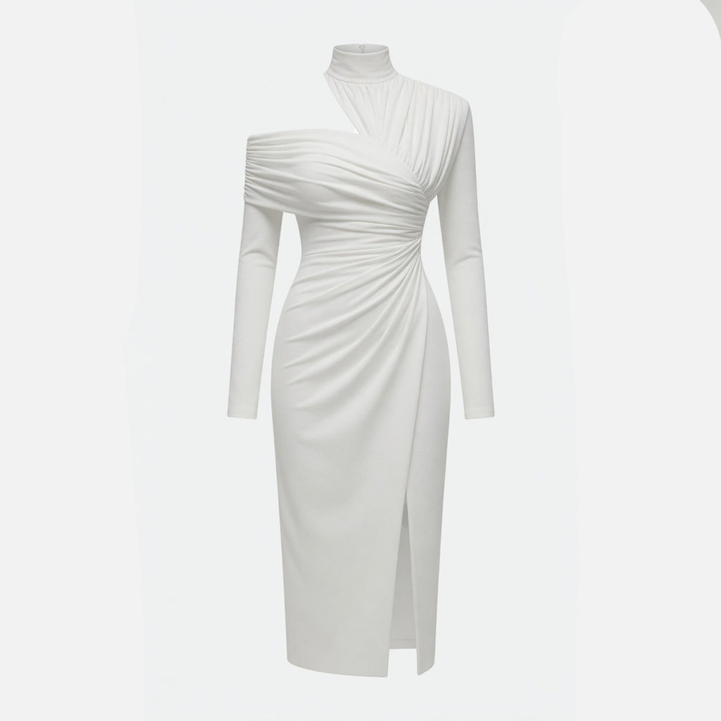 Veloire | Robe à manches longues asymétrique plissée à col montant pour femmes