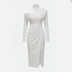 Veloire | Robe à manches longues asymétrique plissée à col montant pour femmes
