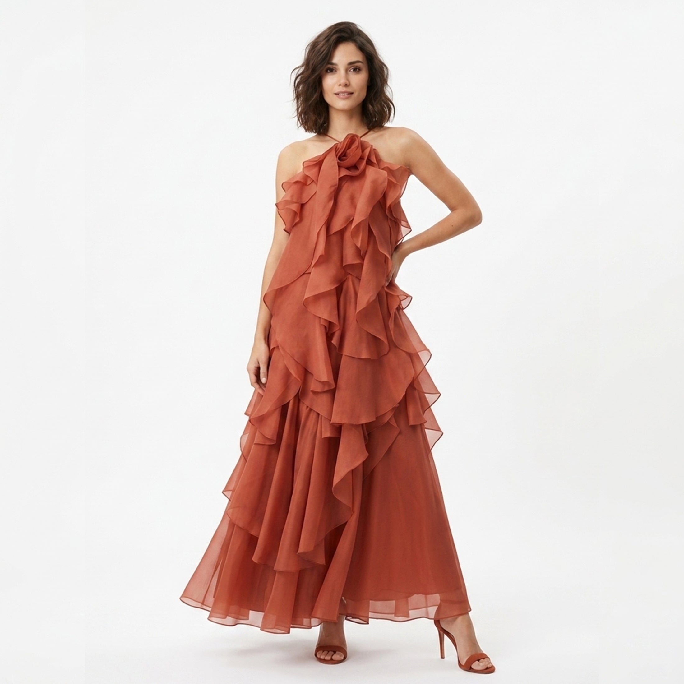 Robe maxi à volants à col halter élégante pour femmes