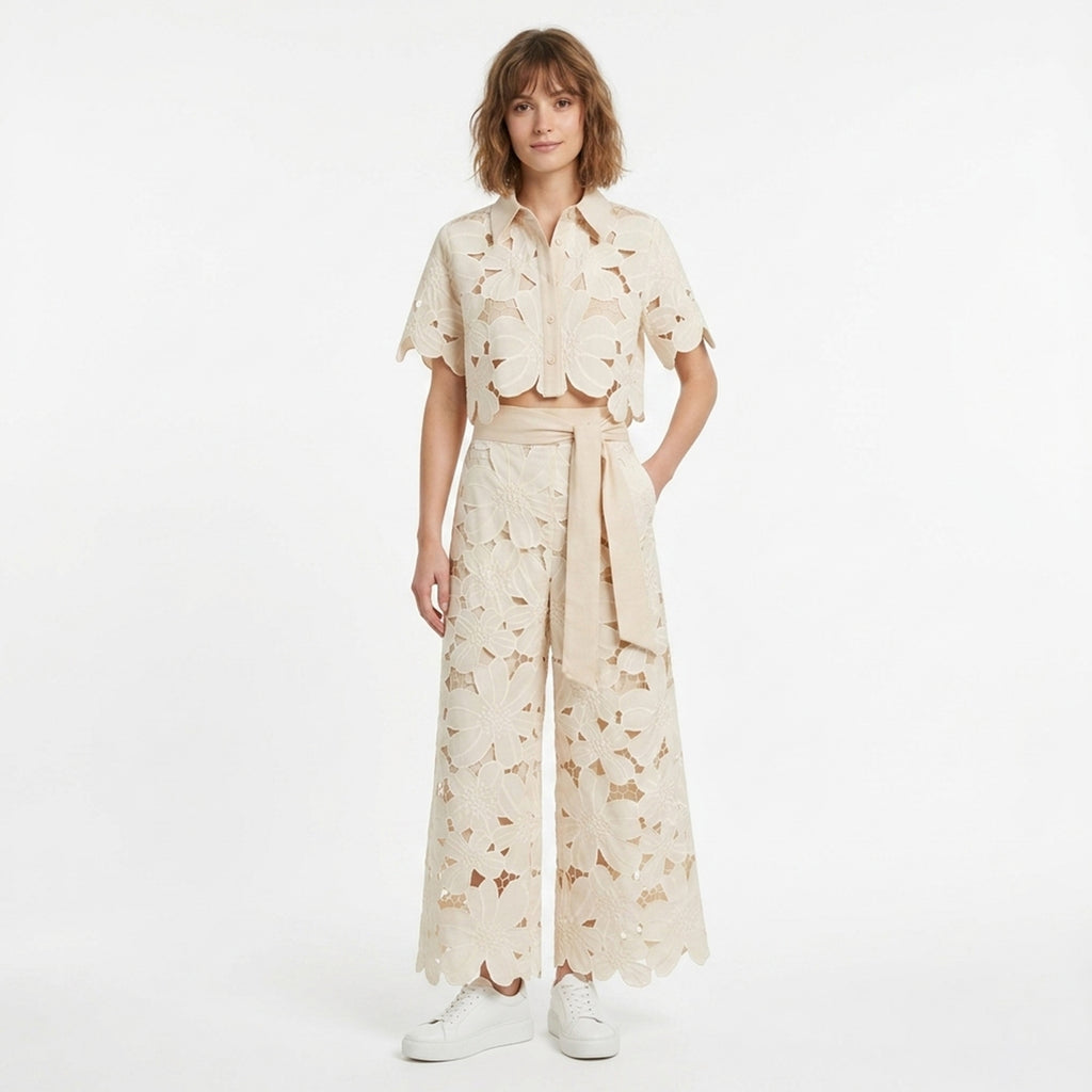Ensemble de top court en dentelle découpée et pantalon large pour femmes