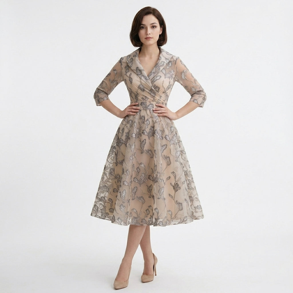 Robe midi A-Line en tulle floral brodé pour femmes