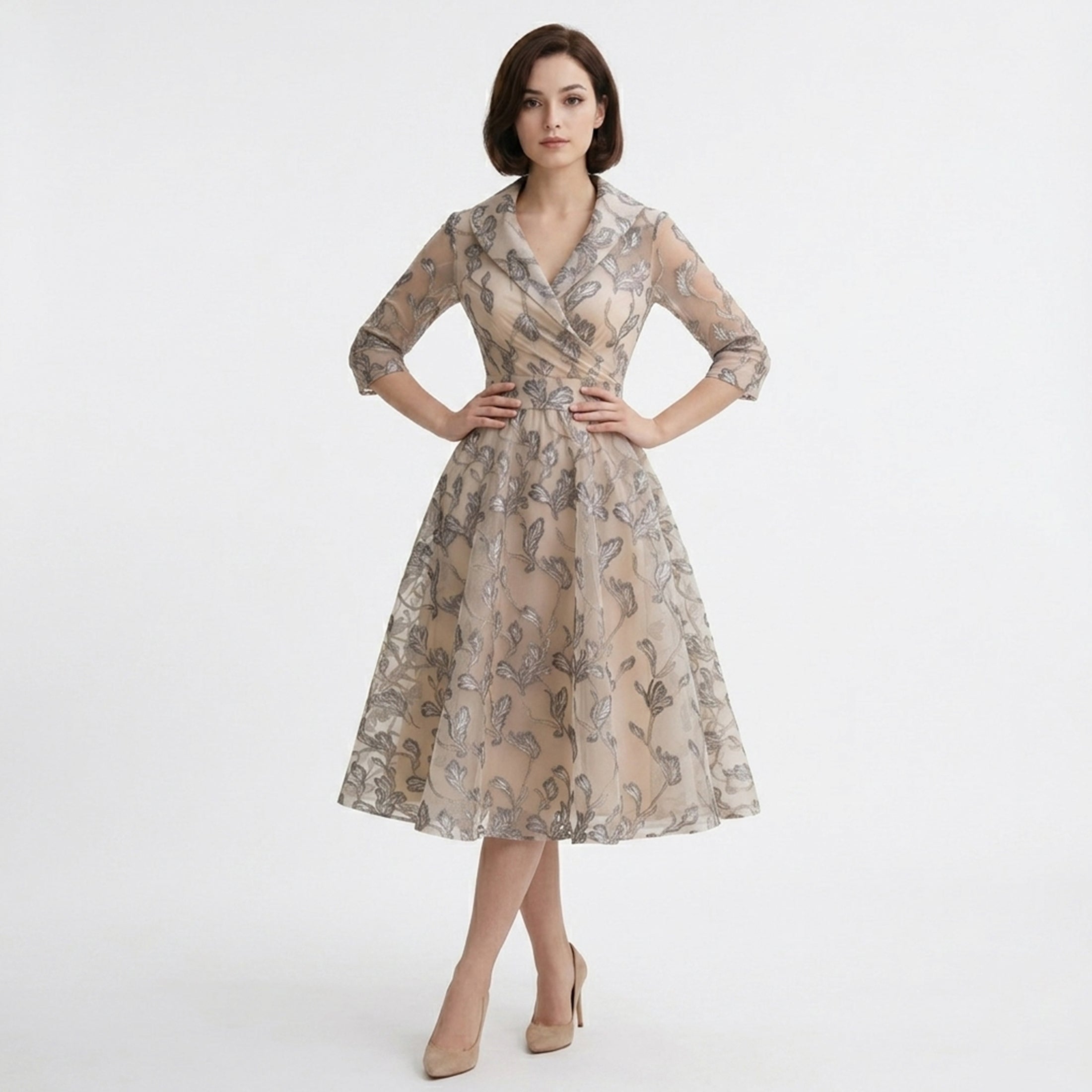 Robe midi A-Line en tulle floral brodé pour femmes