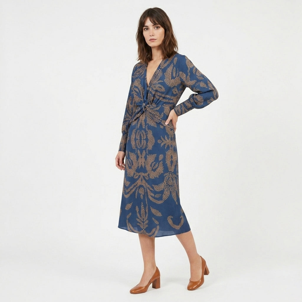 Robe midi imprimée à col en V pour femmes, été décontractée