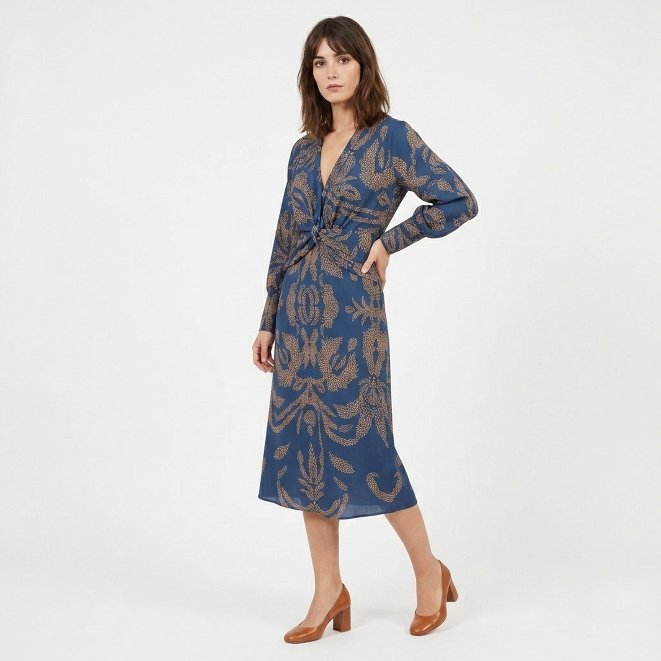 Robe midi imprimée à col en V pour femmes, été décontractée