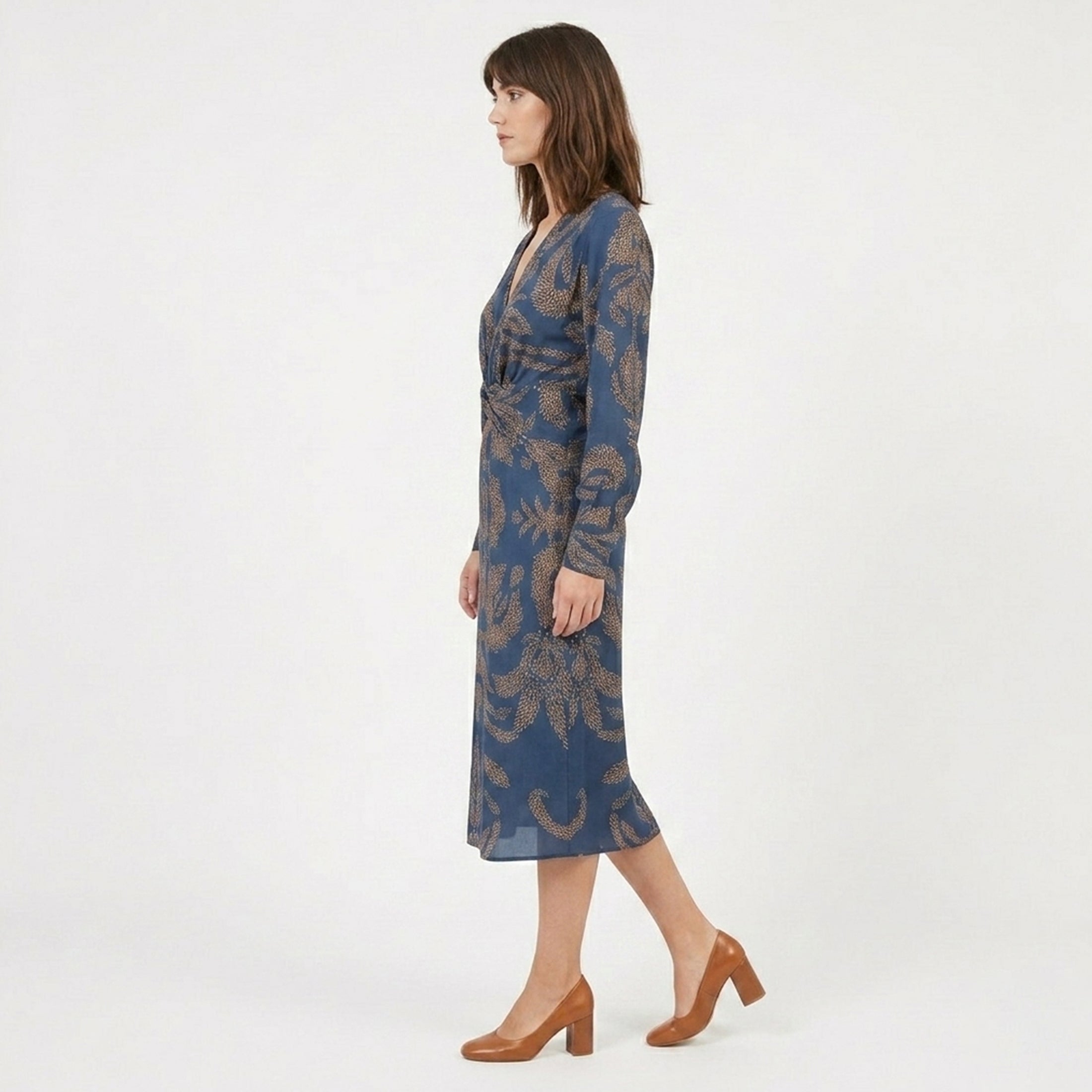 Robe midi imprimée à col en V pour femmes, été décontractée