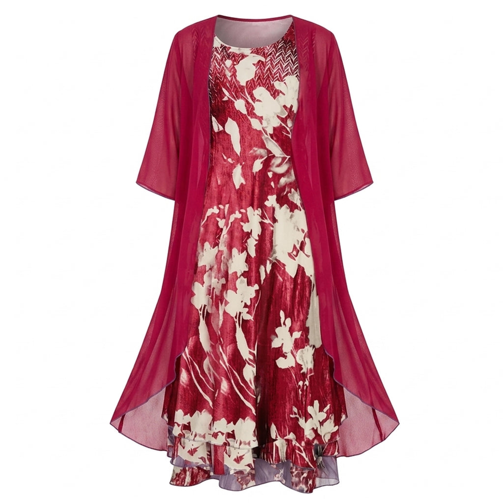 Ensemble de cardigan et robe midi en chiffon floral pour femmes