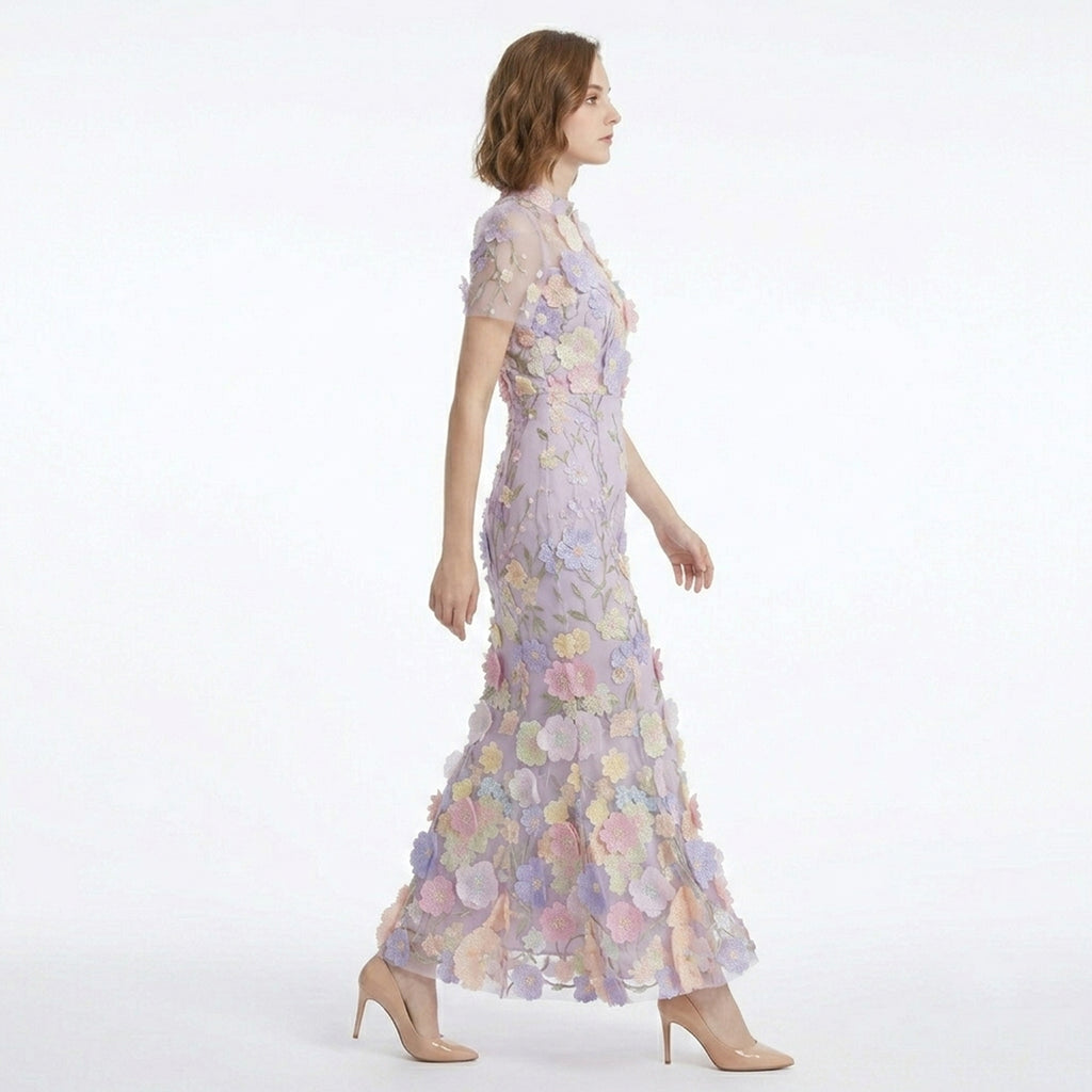 Robe Maxi à Col Montant avec Appliqué Floral Élégante pour Femme