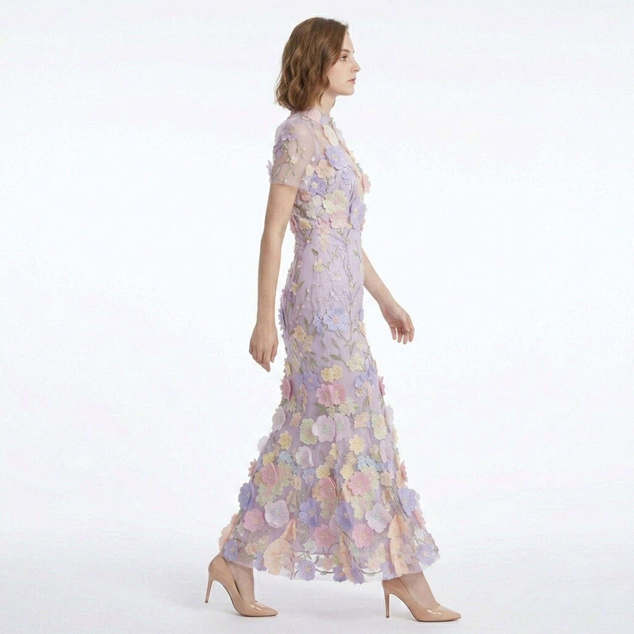 Robe Maxi à Col Montant avec Appliqué Floral Élégante pour Femme