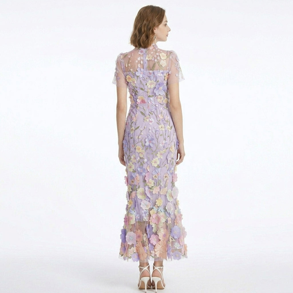 Robe Maxi à Col Montant avec Appliqué Floral Élégante pour Femme