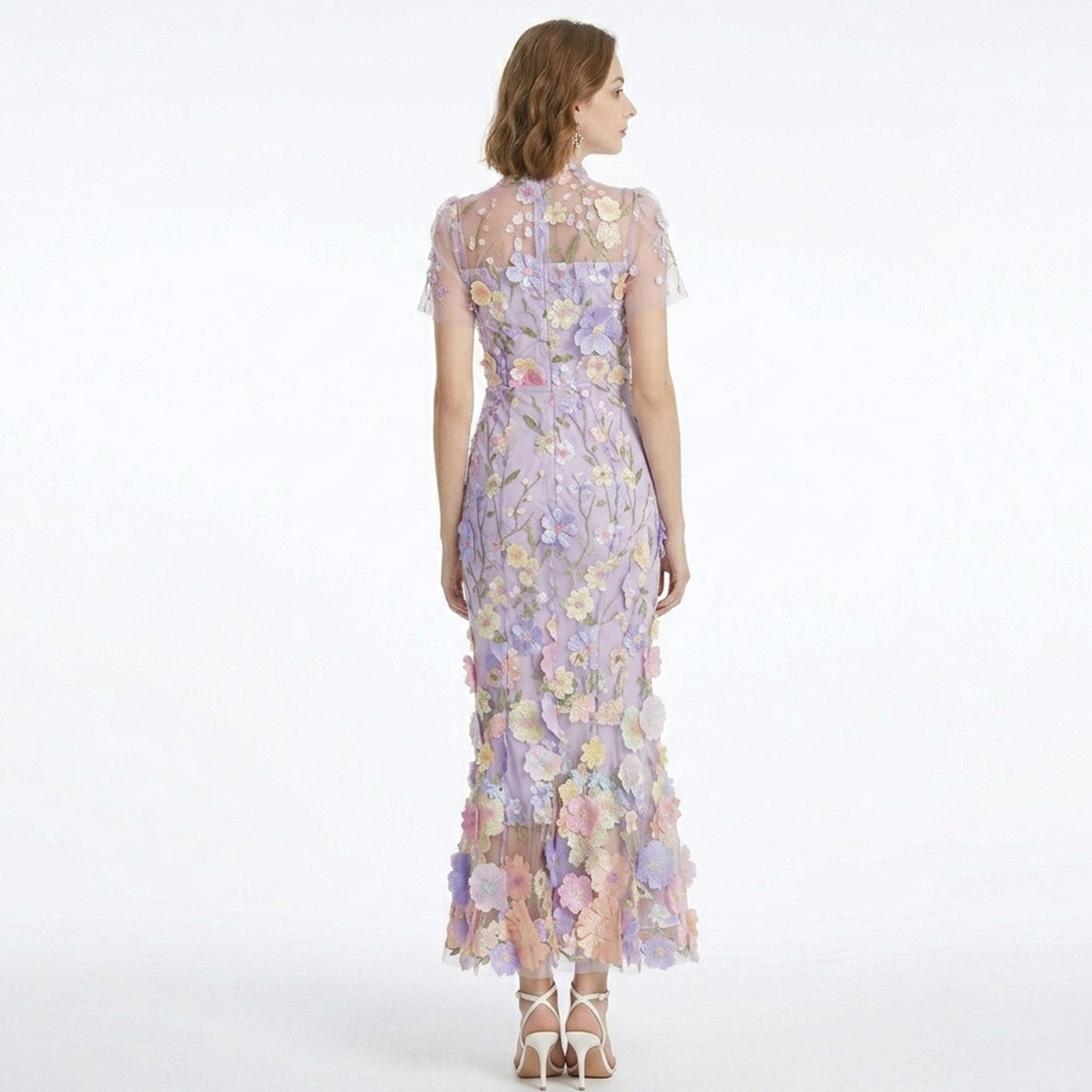 Robe Maxi à Col Montant avec Appliqué Floral Élégante pour Femme