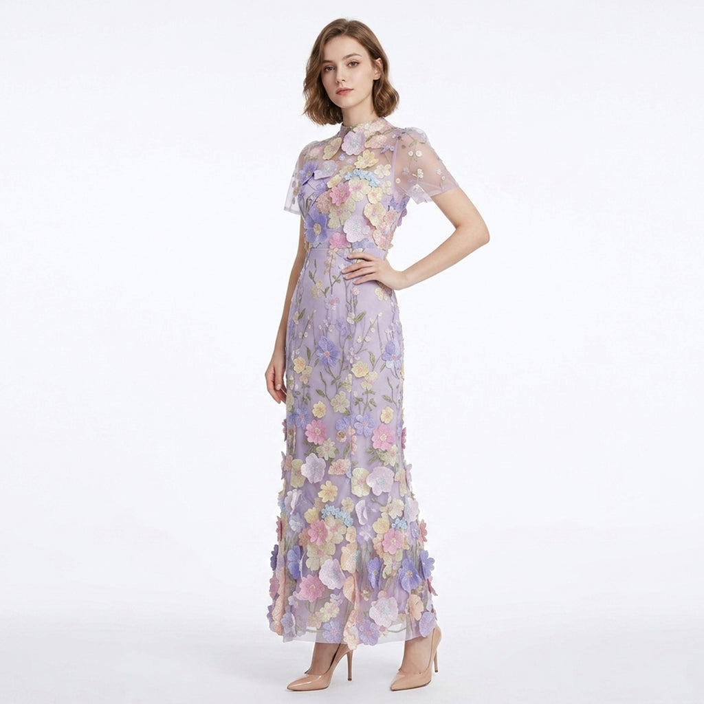 Robe Maxi à Col Montant avec Appliqué Floral Élégante pour Femme