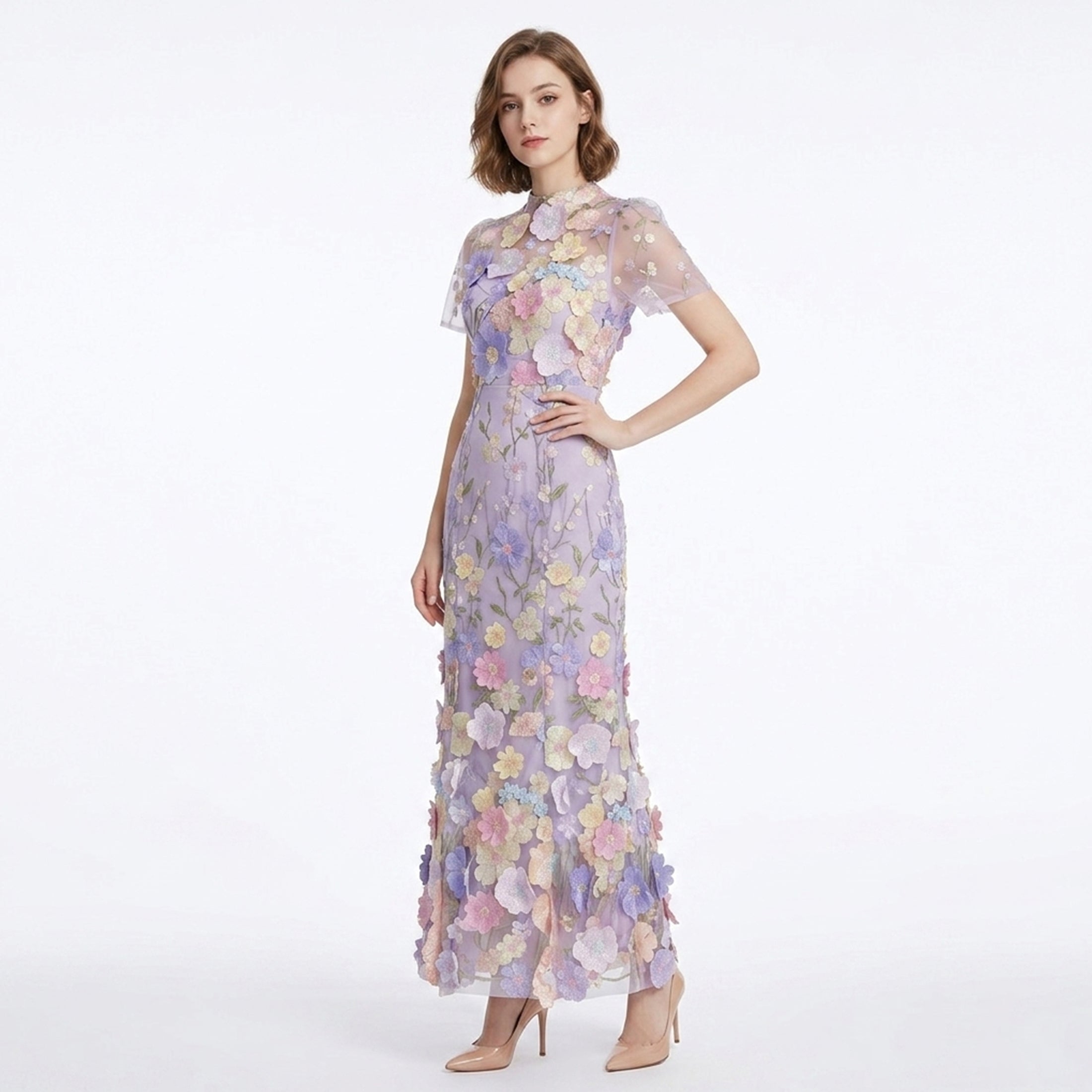 Robe Maxi à Col Montant avec Appliqué Floral Élégante pour Femme