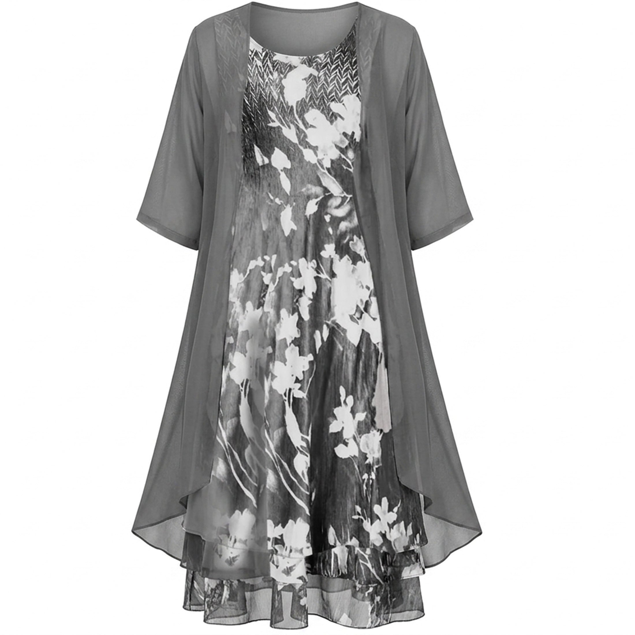 Women's Floral Chiffon Midi Dress Cardigan Set
